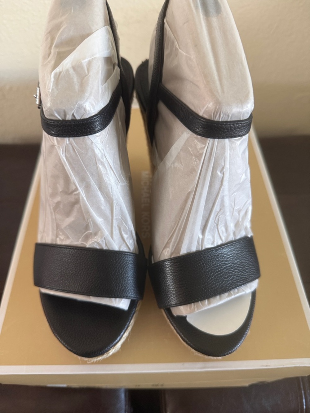 Michael Kors Black Leather Espadrille Wedge Sandals with Ankle Strap - Picture 2 of 10